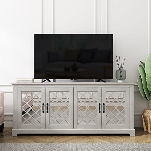 Galano Millicent TV Stand for 65-75 inch TV - Home Entertainment Center - Boho TV Stand - Living Room Furniture - Console with 4 Doors - Easy Assembly - Dusty Grey Oak