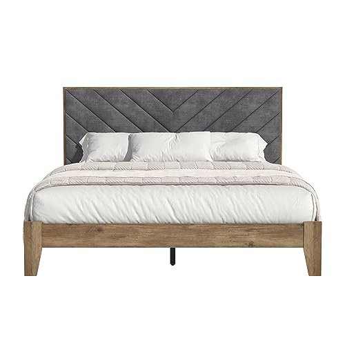 Galano Vancus Upholstered Queen Bed Frame with Headboard - Bed Frame Queen Size - Queen Size Bed Frame - Wood Slat Support - No Box Spring Needed - Strong Weight Capacity - Easy Assembly - Knotty Oak