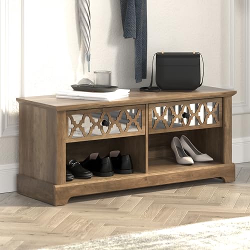 Galano Heron Shoe Storage Bench - Shoe Cabinet with 2 Drawer with Shelves - Modern Shoe Rack - Free Standing Shoe Storage - Acrylic Mirror with Drawers - Easy Assembly - Knotty Oak