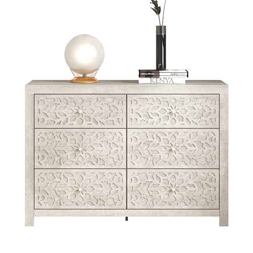 Galano Avaro 6 Drawer Dresser Wooden Bedroom Furniture Large Dresser with Drawer Organizer Laser Cut Design 45.35" D x 16.06" W x 31.73" H Dusty Grey Oak