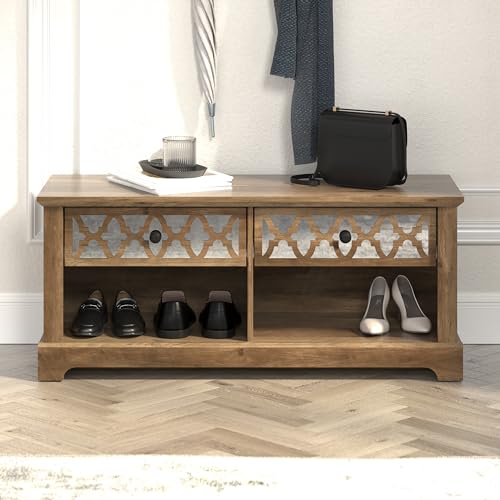 Galano Heron Shoe Storage Bench - Shoe Cabinet with 2 Drawer with Shelves - Modern Shoe Rack - Free Standing Shoe Storage - Acrylic Mirror with Drawers - Easy Assembly - Knotty Oak