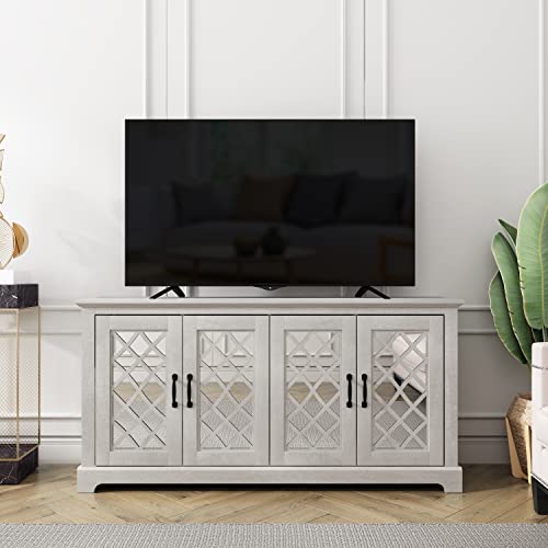 Galano Millicent TV Stand for 65+ Inch TV, Tall Entertainment Center with Mirror Doors, Rustic Media Console with Storage Shelves, Wood Television Stand for Living Room, Dusty Grey Oak