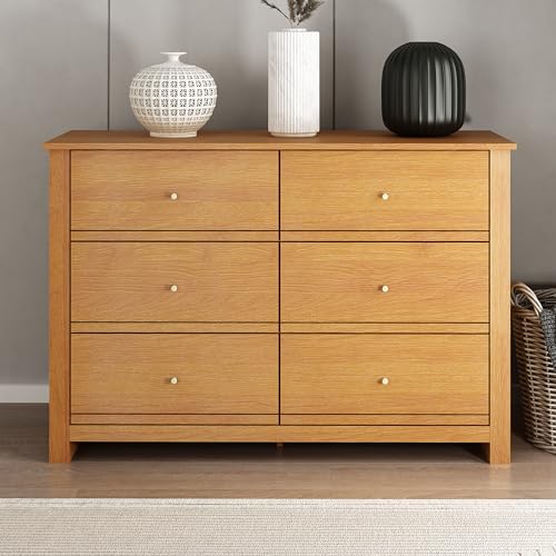 Galano Genoa Classic 6 Drawer Dresser Long Wood Dresser for Bedroom Organizer Modern Drawer Chest Easy Assembly 16.46" D x 46.46" W x 31.54" H Amber Walnut