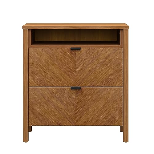 Galano Friddle Nightstand, Nightstand with Drawer, Nightstand Lamp, End Table, Side Table, Drawer Glides, Engineered Wood, Easy Assembly, Amber Walnut Fishbone Effect