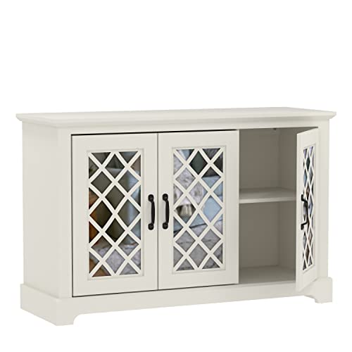 Galano Millicent 3 Door Accent Cabinet with Storage - Modern Distressed Oak Finish - Entryway - Foyer or Living Room - Easy Assembly - Acrylic Mirror Doors - Ivory