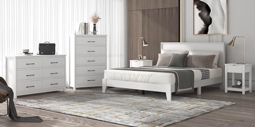 Galano Payne Queen Bed Frame with Headboard - Bed Frame Queen Size - Queen Size Bed Frame - Wood Bed Frame - No Box Spring Needed - Strong Weight Capacity - White