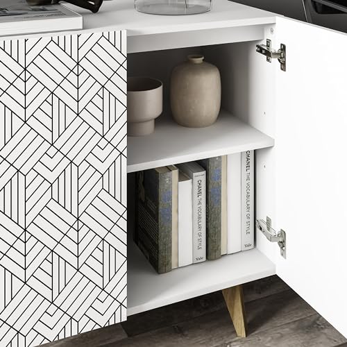 Galano Capson Mondrian 2 Door Sideboard - Buffets & Sideboards - Storage Cabinet - Buffet Cabinet - Accent Cabinet - Credenza for Living Room - Printed Doors - White with Printing