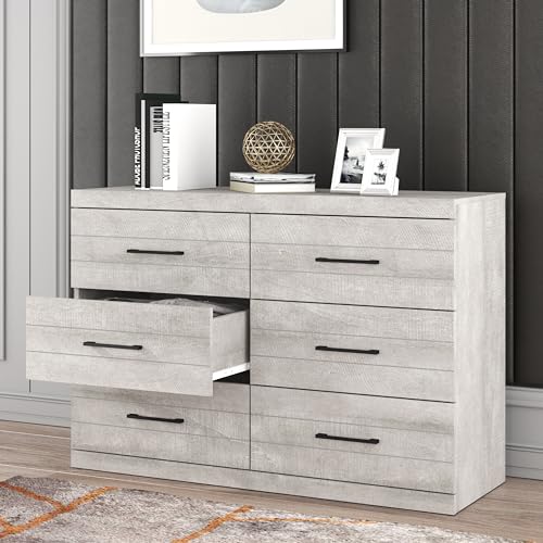 Galano Hamsper 6 Drawer Dresser Wide Dressers for Bedroom 6 Deep Drawers for Closet Organizer Tool-Less Ultra Fast Assembly with Interlock Drawer Feature Dusty Grey Oak