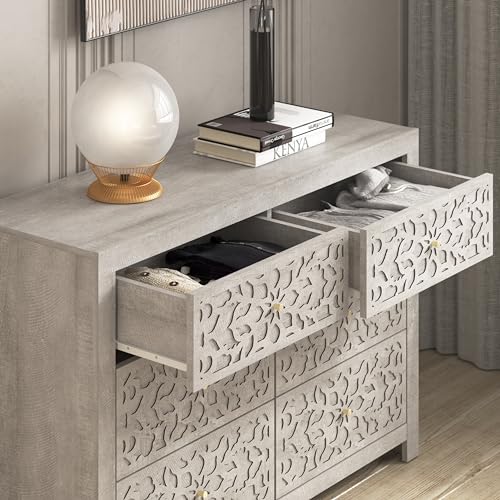 Galano Avaro 6 Drawer Dresser Wooden Bedroom Furniture Large Dresser with Drawer Organizer Laser Cut Design 45.35" D x 16.06" W x 31.73" H Dusty Grey Oak