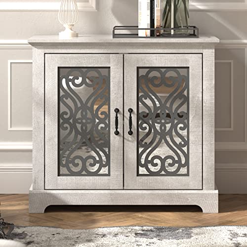 Galano Calidia 2 Door Accent Cabinet with Storage - Modern Distressed Oak Finish - Entryway - Foyer or Living Room - Easy Assembly - Acrylic Mirror Door - Dusty Grey Oak