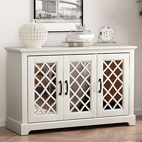 Galano Millicent 3 Door Accent Cabinet with Storage - Modern Distressed Oak Finish - Entryway - Foyer or Living Room - Easy Assembly - Acrylic Mirror Doors - Ivory