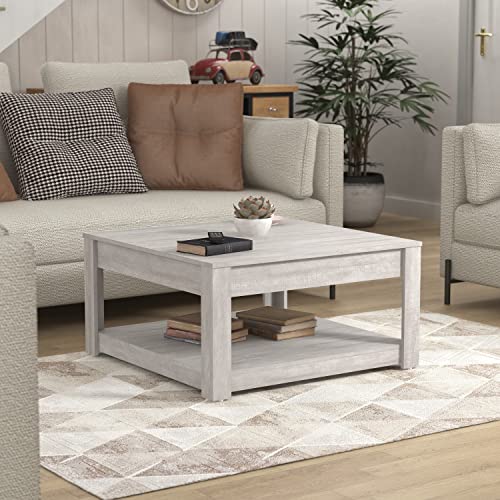 Galano Philia Square Storage Coffee Table with Drawer - Living Room Shelf - Hidden Storage - Distressed Rustic Wood Finish - (Dusty Grey Oak) - Galano Furniture