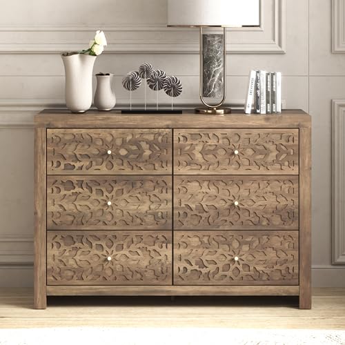 Galano Avaro 6 Drawer Dresser Large Wooden Dresser with Storage Drawers for Bedroom Organizer Laser Cut Design 45.35" D x 16.06" W x 31.73" H Knotty Oak