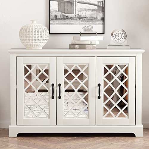 Galano Millicent 3 Door Accent Cabinet with Storage - Modern Distressed Oak Finish - Entryway - Foyer or Living Room - Easy Assembly - Acrylic Mirror Doors - Ivory