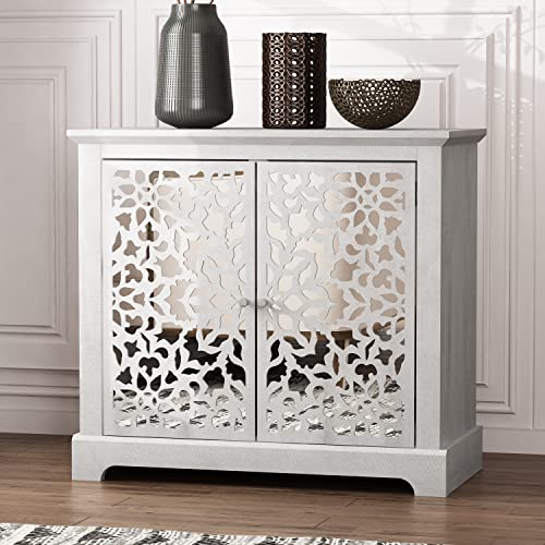 Galano Culbin 2 Door Accent Cabinet - Sideboard - Modern Distressed Oak Finish - Entryway or Living Room - Easy Assembly - Acrylic Mirror Doors - Dusty Grey Oak