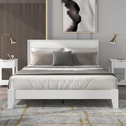 Galano Payne Queen Bed Frame with Headboard - Bed Frame Queen Size - Queen Size Bed Frame - Wood Bed Frame - No Box Spring Needed - Strong Weight Capacity - White