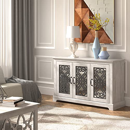 Galano Calidia 3 Door Sideboard - Accent Cabinet - Modern Distressed Oak Finish - Entryway or Living Room - Easy Assembly - Acrylic Mirror Doors - Dusty Grey Oak