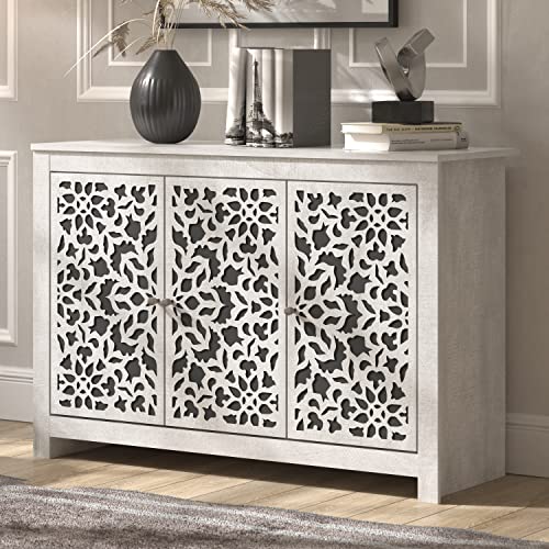 Galano Culbreath 3 Door Sideboard - Accent Cabinet - Modern Distressed Oak Finish - Entryway or Living Room - Easy Assembly - Acrylic Mirror Doors - Dusty Grey Oak