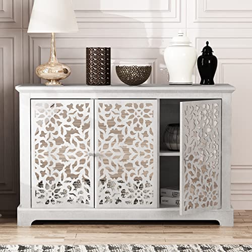 Galano Culbin 3 Door Sideboard - Accent Cabinet - Modern Distressed Oak Finish - Entryway or Living Room - Easy Assembly - Acrylic Mirror Doors - Dusty Grey Oak