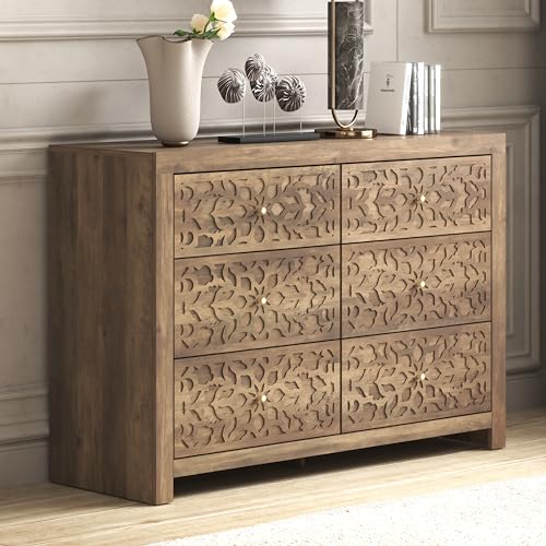 Galano Avaro 6 Drawer Dresser Large Wooden Dresser with Storage Drawers for Bedroom Organizer Laser Cut Design 45.35" D x 16.06" W x 31.73" H Knotty Oak