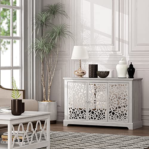 Galano Culbin 3 Door Sideboard - Accent Cabinet - Modern Distressed Oak Finish - Entryway or Living Room - Easy Assembly - Acrylic Mirror Doors - Dusty Grey Oak