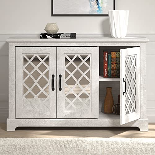 Galano Millicent 3 Door Accent Cabinet with Storage - Modern Distressed Oak Finish - Entryway - Foyer or Living Room - Easy Assembly - Acrylic Mirror Doors - Dusty Grey Oak