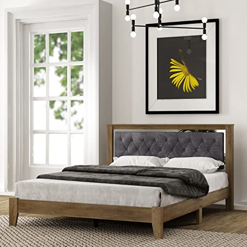 Galano Diwata Upholstered Queen Bed with Headboard - Rustic Wood Platform Bed Frame - Wood Slat Support - Compatible with All Mattress Foundation Types - Queen Size - Knotty Oak