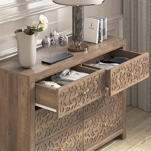 Galano Avaro 6 Drawer Dresser Large Wooden Dresser with Storage Drawers for Bedroom Organizer Laser Cut Design 45.35" D x 16.06" W x 31.73" H Knotty Oak