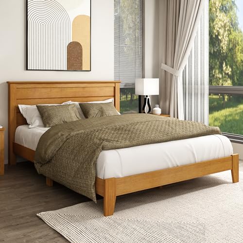 Galano Tiena Queen Bed Frame with Headboard - Bed Frame Queen Size - Queen Size Bed Frame - Wood Slat Support - No Box Spring Needed - Strong Weight Capacity - Amber Walnut