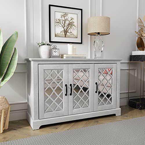 Galano Millicent 3 Door Accent Cabinet with Storage - Modern Distressed Oak Finish - Entryway - Foyer or Living Room - Easy Assembly - Acrylic Mirror Doors - Dusty Grey Oak