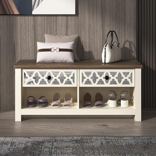 Galano Heron Lambery Shoe Storage Bench with 2 Mirror Drawers, Freestanding Organizer with Open Shelves for Entryway, Narrow Shoe Rack Cabinet, Ivory Knotty Oak