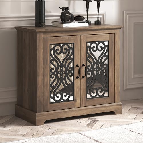 Galano Calidia Sideboard mit 2 Türen, 82,9 cm, Farmhouse-Sideboard, Buffet-Aufbewahrungsschrank mit Acrylspiegeltür, Kaffeebar-Schrank mit verstellbaren Regalen für das Esszimmer und Wohnzimmer zu Hause, Asteiche