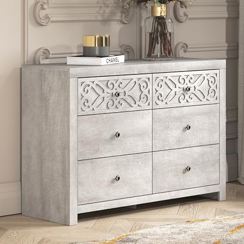 Galano Lophelia 6 Drawer Dresser Wide Bedroom Storage Furniture for Clothes Wooden Dressers with Laser Cut Design 16.06" D x 45.35" W x 31.73" H Dusty Grey Oak