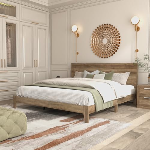 Galano Payne King Platform Bed Frame with Headboard Bed - Wood King Bed Frame - Wood Headboard and Frame - King Bed Frame - King Size Bed Frame - Easy Assembly - Knotty Oak