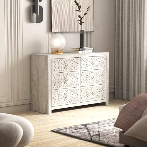 Galano Avaro 6 Drawer Dresser Wooden Bedroom Furniture Large Dresser with Drawer Organizer Laser Cut Design 45.35" D x 16.06" W x 31.73" H Dusty Grey Oak