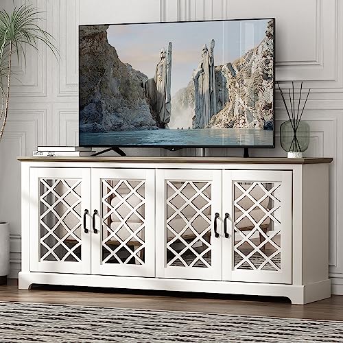 Galano Millicent 75 Inch TV Stand - Farmhouse Tv Stand - TV Stand with Storage - TV Cabinet - TV Stands for Living Room, Acrylic Mirrors - Ivory with Knotty Oak