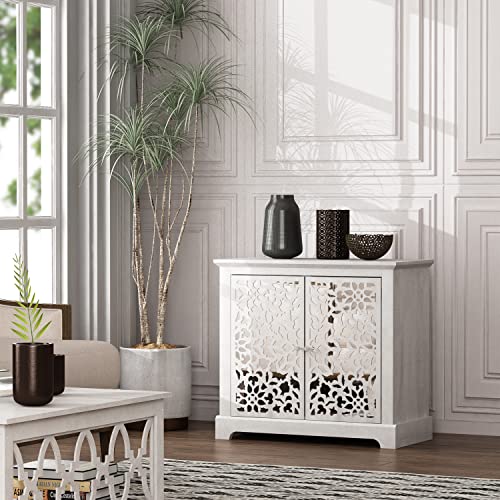 Galano Culbin 2 Door Accent Cabinet - Sideboard - Modern Distressed Oak Finish - Entryway or Living Room - Easy Assembly - Acrylic Mirror Doors - Dusty Grey Oak