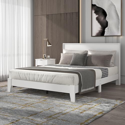 Galano Payne Queen Bed Frame with Headboard - Bed Frame Queen Size - Queen Size Bed Frame - Wood Bed Frame - No Box Spring Needed - Strong Weight Capacity - White