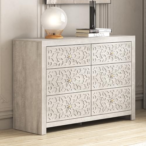 Galano Avaro 6 Drawer Dresser Wooden Bedroom Furniture Large Dresser with Drawer Organizer Laser Cut Design 45.35" D x 16.06" W x 31.73" H Dusty Grey Oak