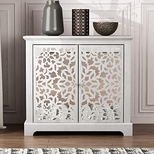 Galano Culbin 2 Door Accent Cabinet - Sideboard - Modern Distressed Oak Finish - Entryway or Living Room - Easy Assembly - Acrylic Mirror Doors - Dusty Grey Oak