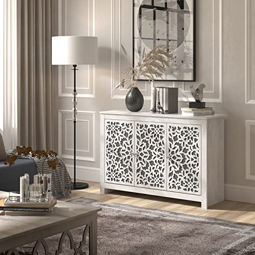 Galano Culbreath 3 Door Sideboard - Accent Cabinet - Modern Distressed Oak Finish - Entryway or Living Room - Easy Assembly - Acrylic Mirror Doors - Dusty Grey Oak