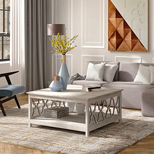 Galano Heron Modern Coffee Table for Living Room, Wood Coffee Table with Storage Shelf, Square Center Table Wooden Accent Cocktail End Table for Home Office Small Apartment, Dusty Grey Oak