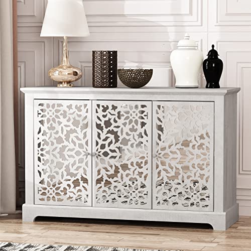 Galano Culbin 3 Door Sideboard - Accent Cabinet - Modern Distressed Oak Finish - Entryway or Living Room - Easy Assembly - Acrylic Mirror Doors - Dusty Grey Oak