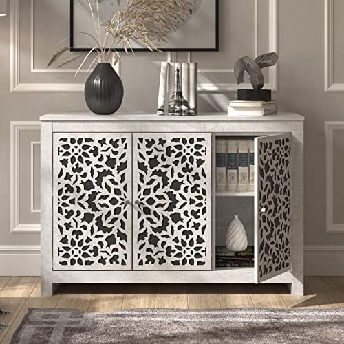 Galano Culbreath 3 Door Sideboard - Accent Cabinet - Modern Distressed Oak Finish - Entryway or Living Room - Easy Assembly - Acrylic Mirror Doors - Dusty Grey Oak