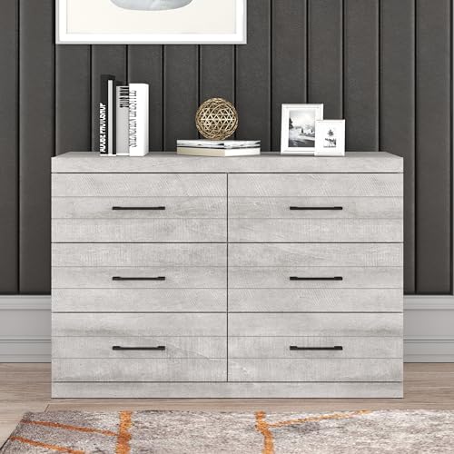 Galano Hamsper 6 Drawer Dresser Wide Dressers for Bedroom 6 Deep Drawers for Closet Organizer Tool-Less Ultra Fast Assembly with Interlock Drawer Feature Dusty Grey Oak