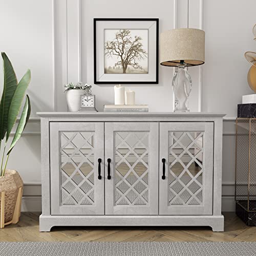 Galano Millicent 3 Door Accent Cabinet with Storage - Modern Distressed Oak Finish - Entryway - Foyer or Living Room - Easy Assembly - Acrylic Mirror Doors - Dusty Grey Oak