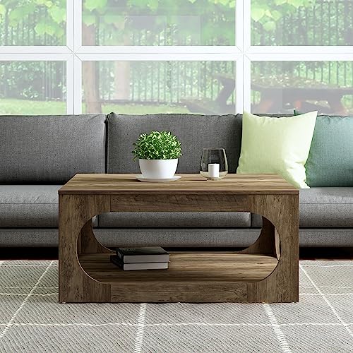 Galano Doyle Coffee Table for Living Room, Modern 2-Tier Rectangular Wooden Centre Cocktail Table with Open Shelf Storage and Oval-Shaped Frame, Knotty Oak