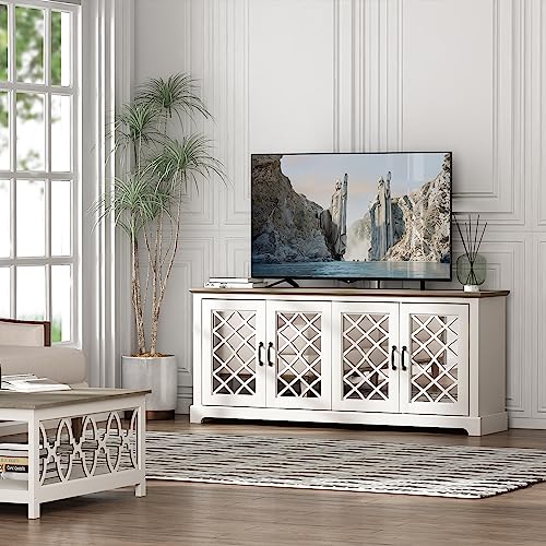 Galano Millicent 75 Inch TV Stand - Farmhouse Tv Stand - TV Stand with Storage - TV Cabinet - TV Stands for Living Room, Acrylic Mirrors - Ivory with Knotty Oak