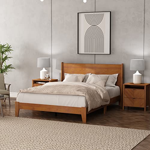 Galano Abby Retro Queen Bed Frame with Headboard - Bed Frame Queen Size - Queen Size Bed Frame - Wood Bed Frame - No Box Spring Needed - Strong Weight Capacity - Amber Walnut