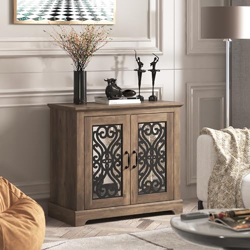 Galano Calidia 2 Door Sideboard, 32.36" Farmhouse Sideboard Buffet Storage Cabinet with Acrylic Mirror Door Coffee Bar Cabinet with Adjustable Shelves for Home Dinning Living Room, Knotty Oak